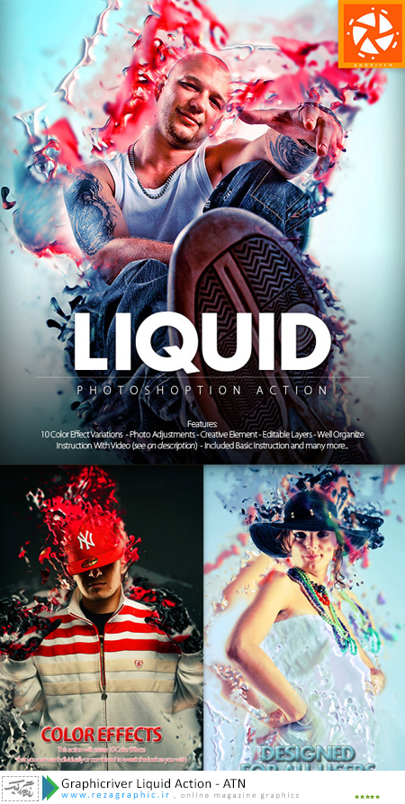 اکشن افکت پاشیده شدن مایع فتوشاپ گرافیک ریور-Graphicriver Liquid Action | رضاگرافیک 